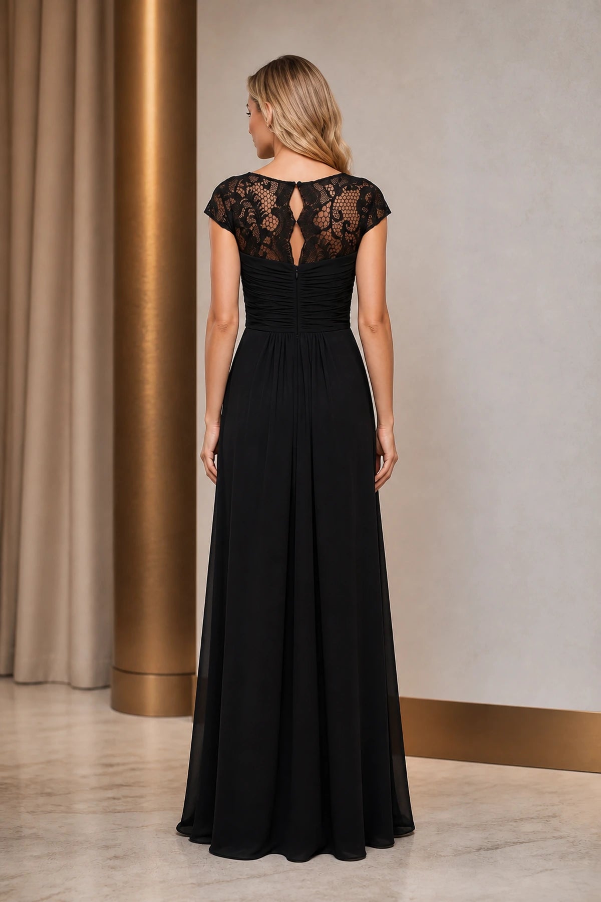 Black lace keyhole back mother of the bride dress with cap sleeves back view