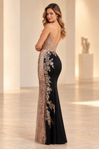 Black mermaid prom dress with champagne lace V neck spaghetti straps