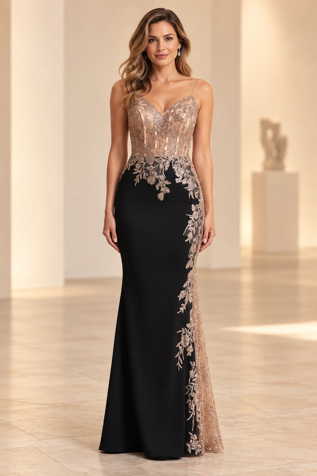 Elegant Mermaid V Neck Lace Spaghetti Strap Floor Length Prom Dress