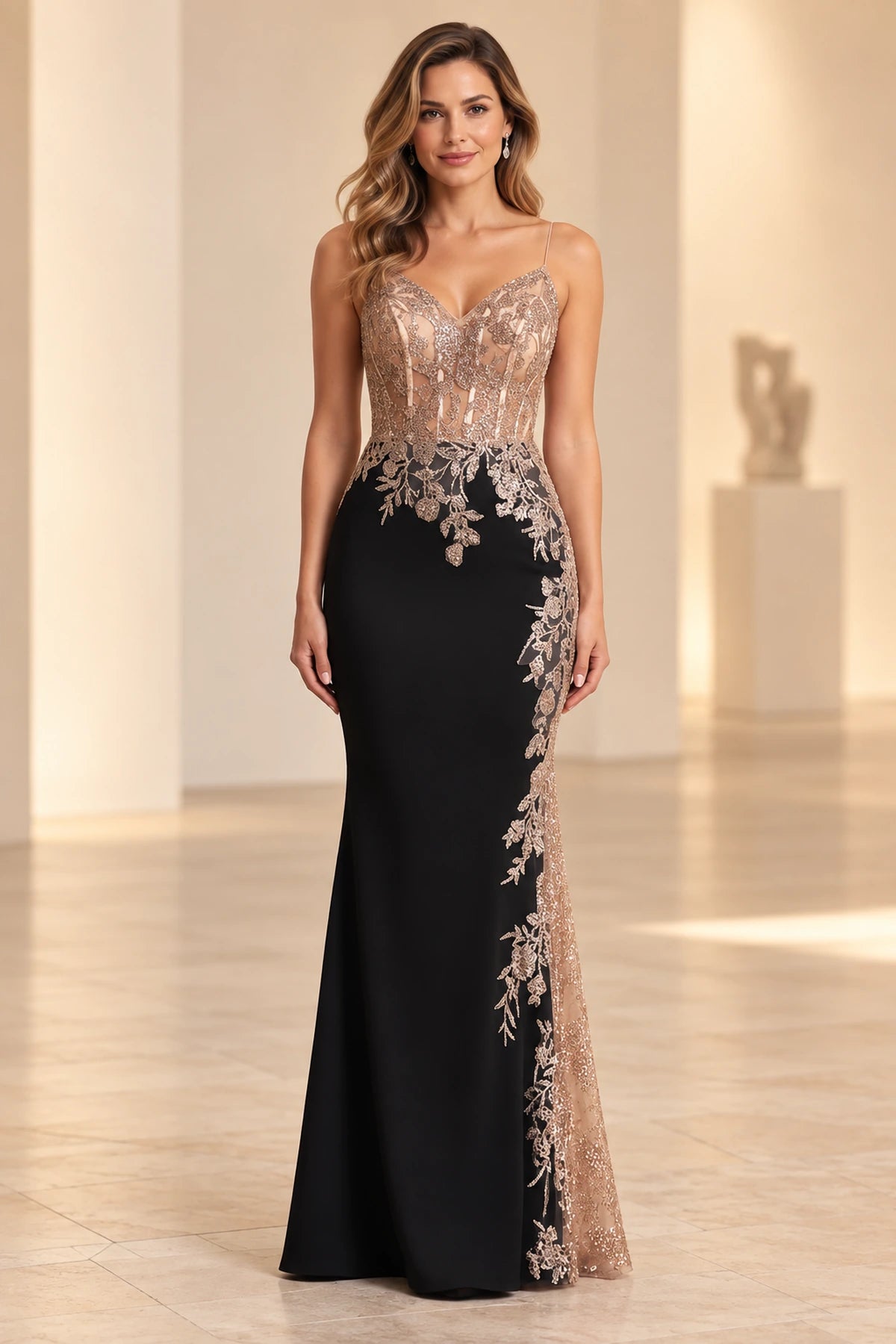 Elegant Mermaid V Neck Lace Spaghetti Strap Floor Length Prom Dress