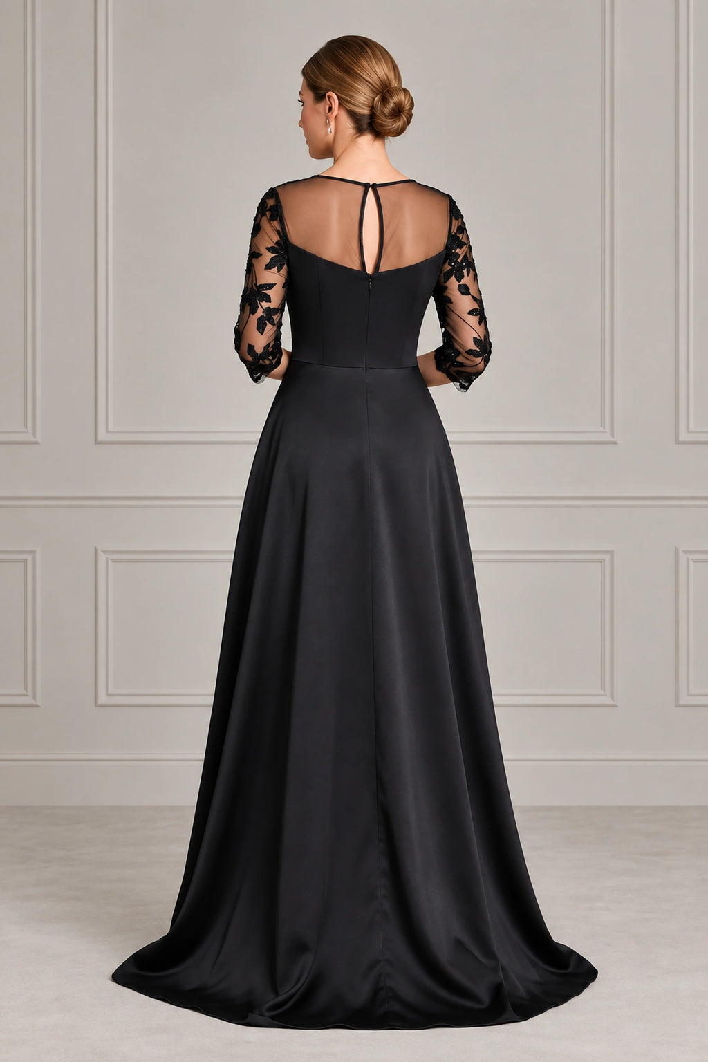 Black mother of the bride dress with sheer illusion keyhole back lace sleeves and long A-line skirt