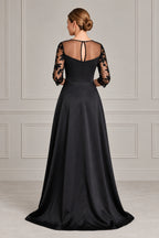 Black mother of the bride dress with sheer illusion keyhole back lace sleeves and long A-line skirt
