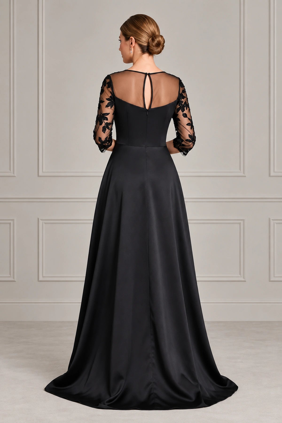 Black mother of the bride dress with sheer illusion keyhole back lace sleeves and long A-line skirt