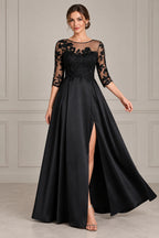 Black mother of the bride dress with illusion neckline floral lace three quarter sleeves and front slit