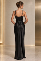 Corset lace up back detail of black satin formal evening gown