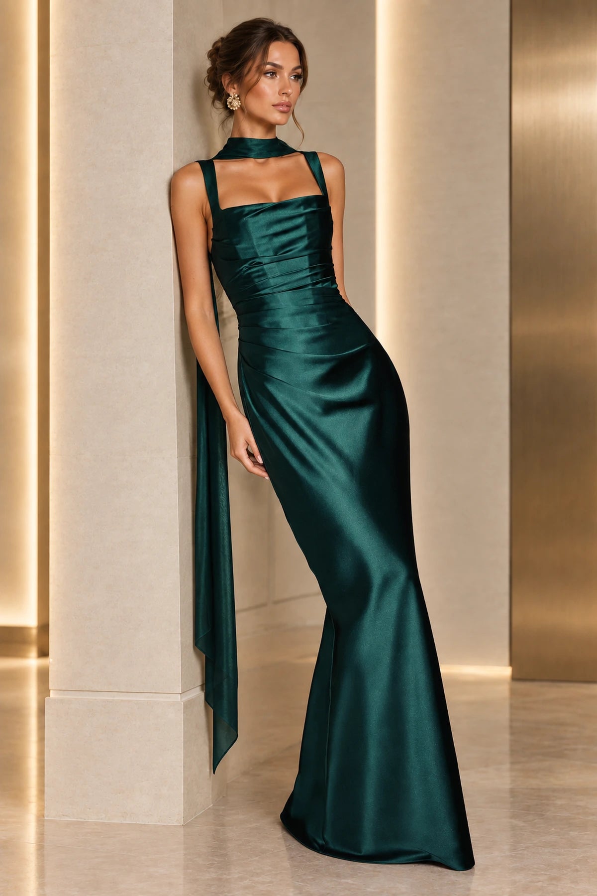 Elegant Mermaid Square Neck Wide Strap Corset Back Floor Length Wedding Guest Dress