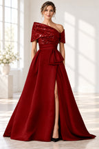 Sophisticated A-Line Off-Shoulder Short Sleeve Zipper Long Mother of the Bride Dress