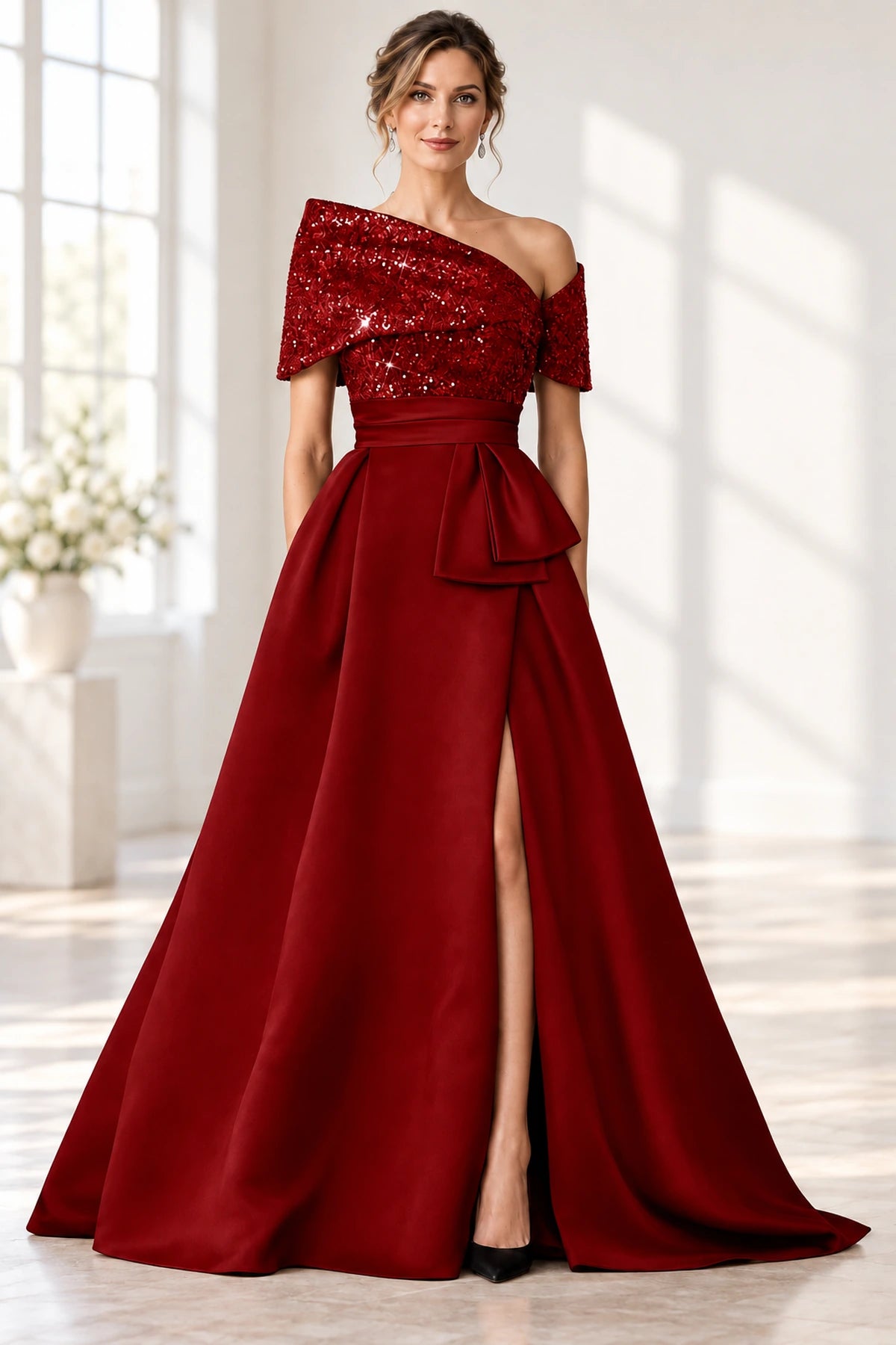 Sophisticated A-Line Off-Shoulder Short Sleeve Zipper Long Mother of the Bride Dress