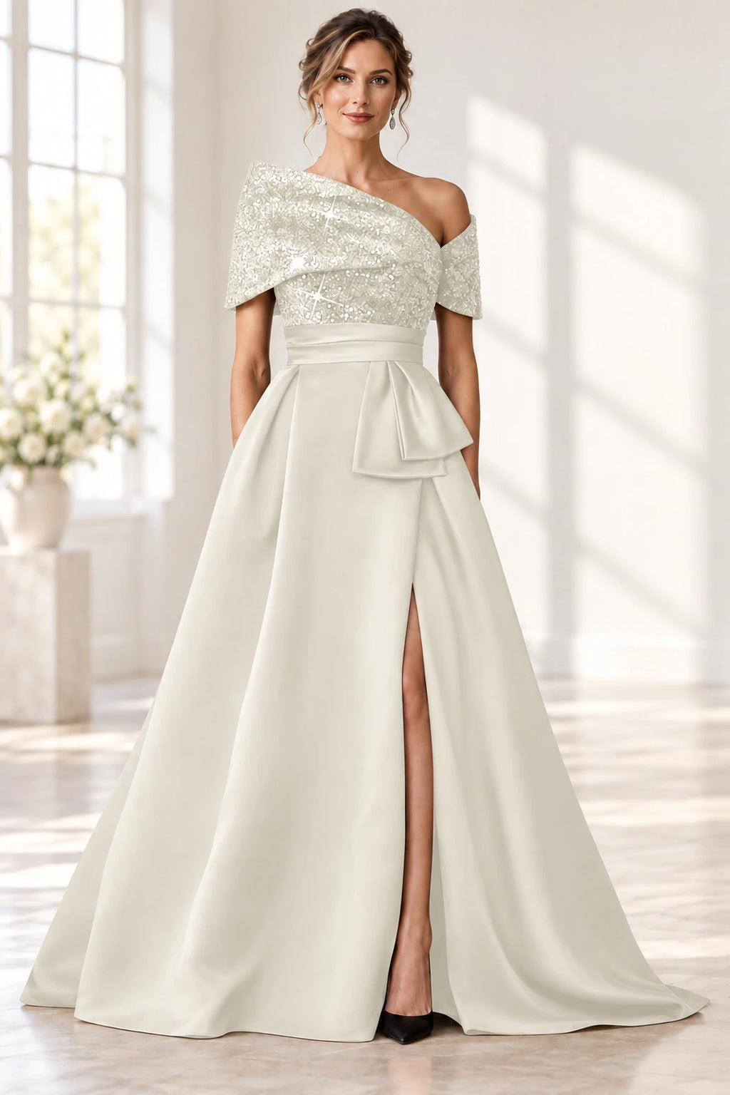 Sophisticated A-Line Off-Shoulder Short Sleeve Zipper Long Mother of the Bride Dress