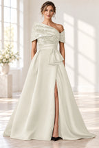 Sophisticated A-Line Off-Shoulder Short Sleeve Zipper Long Mother of the Bride Dress
