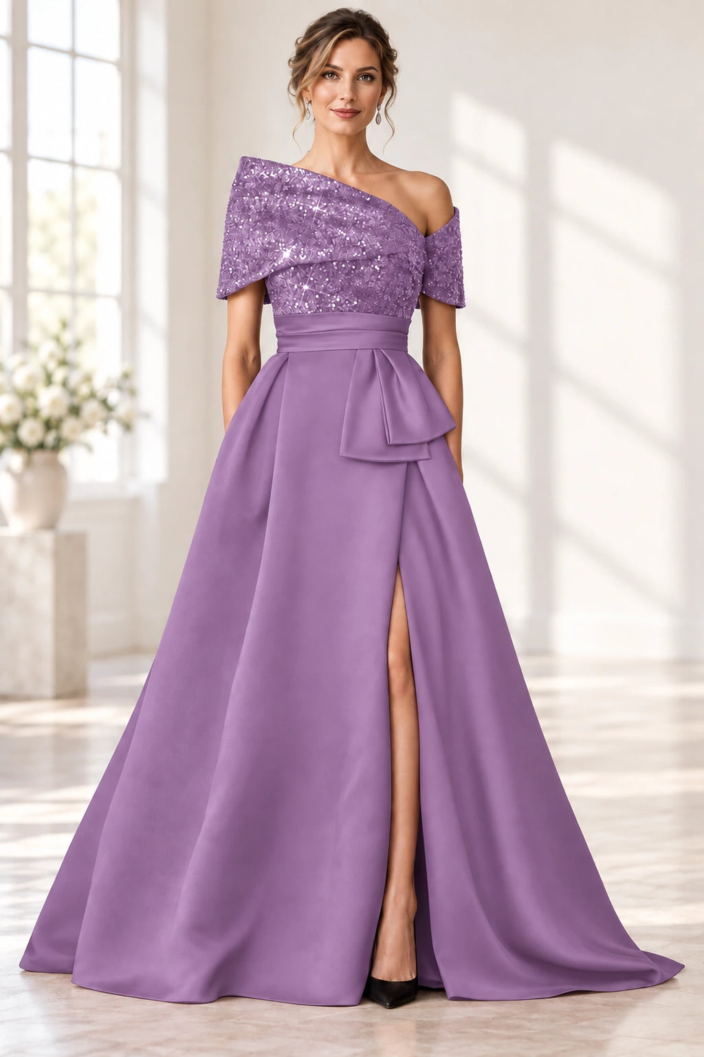 Sophisticated A-Line Off-Shoulder Short Sleeve Zipper Long Mother of the Bride Dress