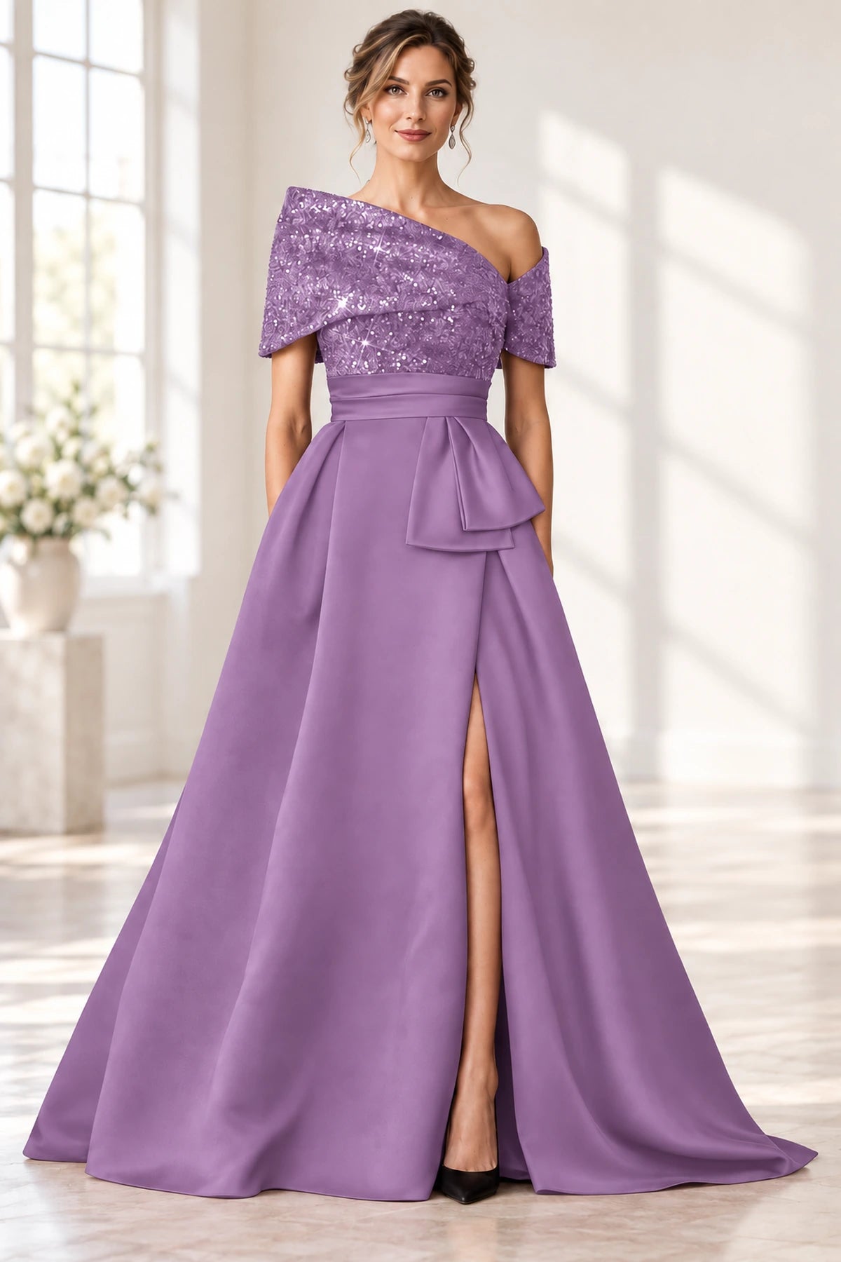 Sophisticated A-Line Off-Shoulder Short Sleeve Zipper Long Mother of the Bride Dress
