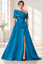Sophisticated A-Line Off-Shoulder Short Sleeve Zipper Long Mother of the Bride Dress