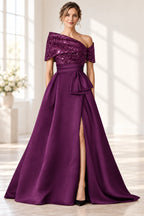 Sophisticated A-Line Off-Shoulder Short Sleeve Zipper Long Mother of the Bride Dress
