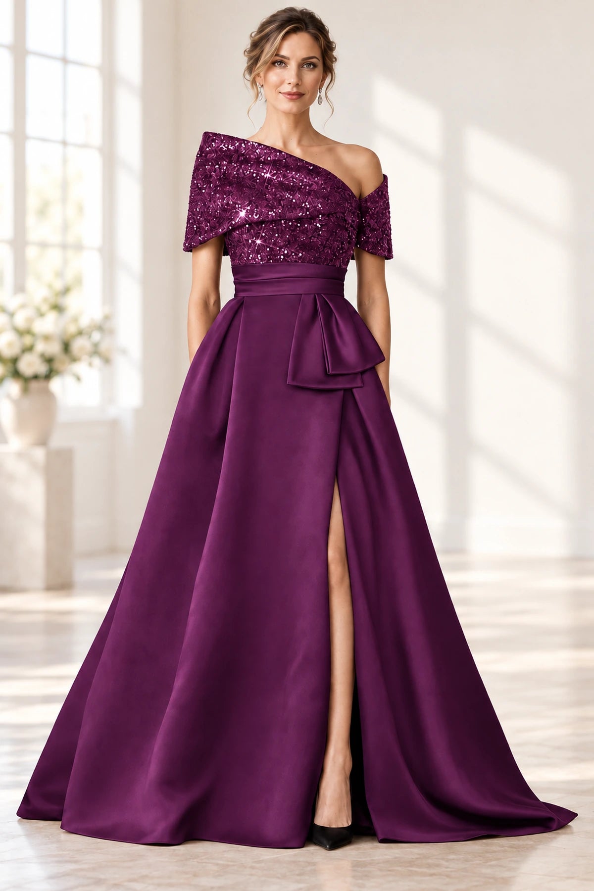 Sophisticated A-Line Off-Shoulder Short Sleeve Zipper Long Mother of the Bride Dress