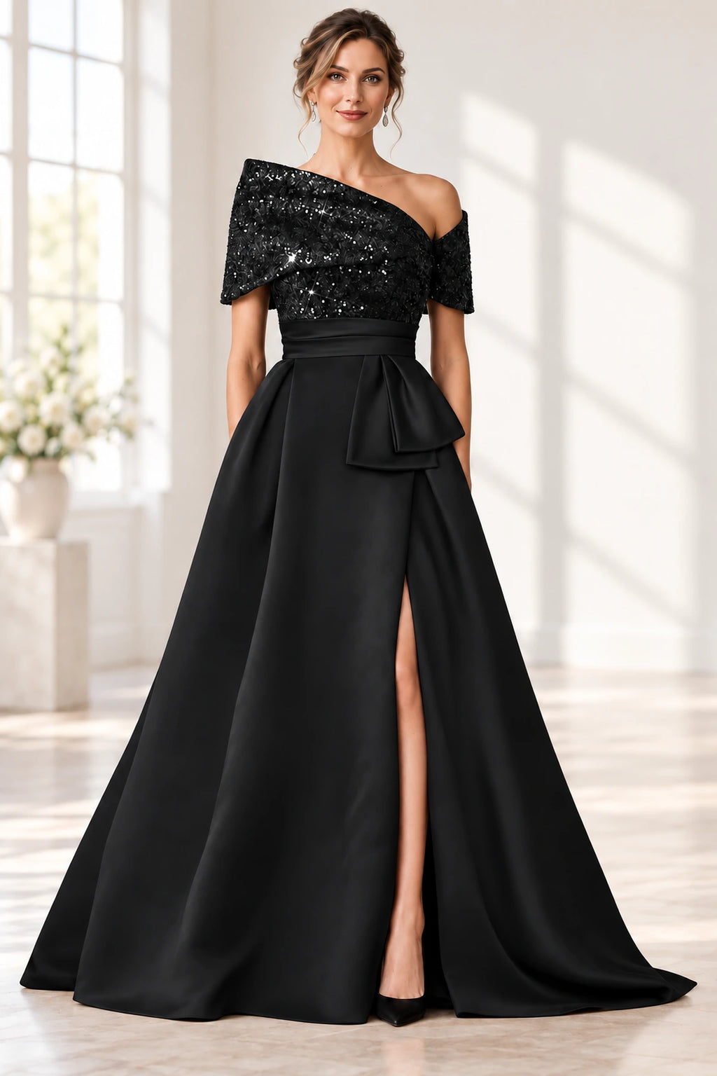 Black off shoulder mother of the bride dress with sequin bodice and floor length A-line skirt with slit