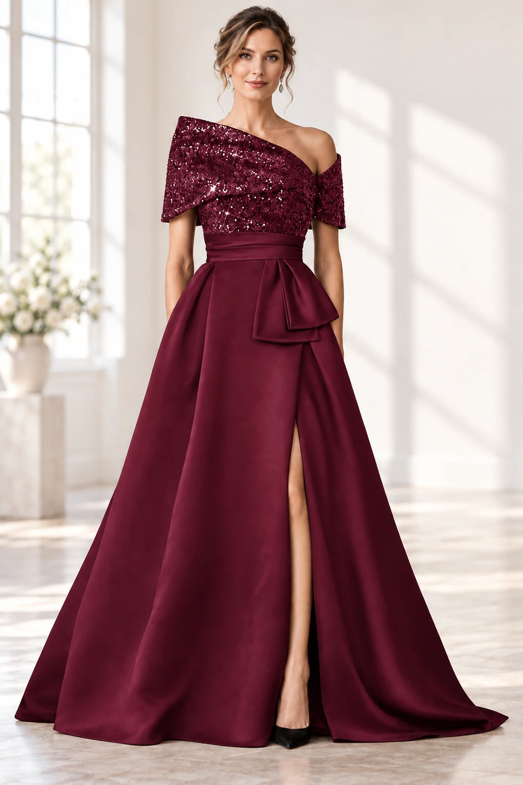Sophisticated A-Line Off-Shoulder Short Sleeve Zipper Long Mother of the Bride Dress