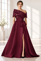 Sophisticated A-Line Off-Shoulder Short Sleeve Zipper Long Mother of the Bride Dress