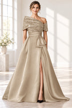 Sophisticated A-Line Off-Shoulder Short Sleeve Zipper Long Mother of the Bride Dress