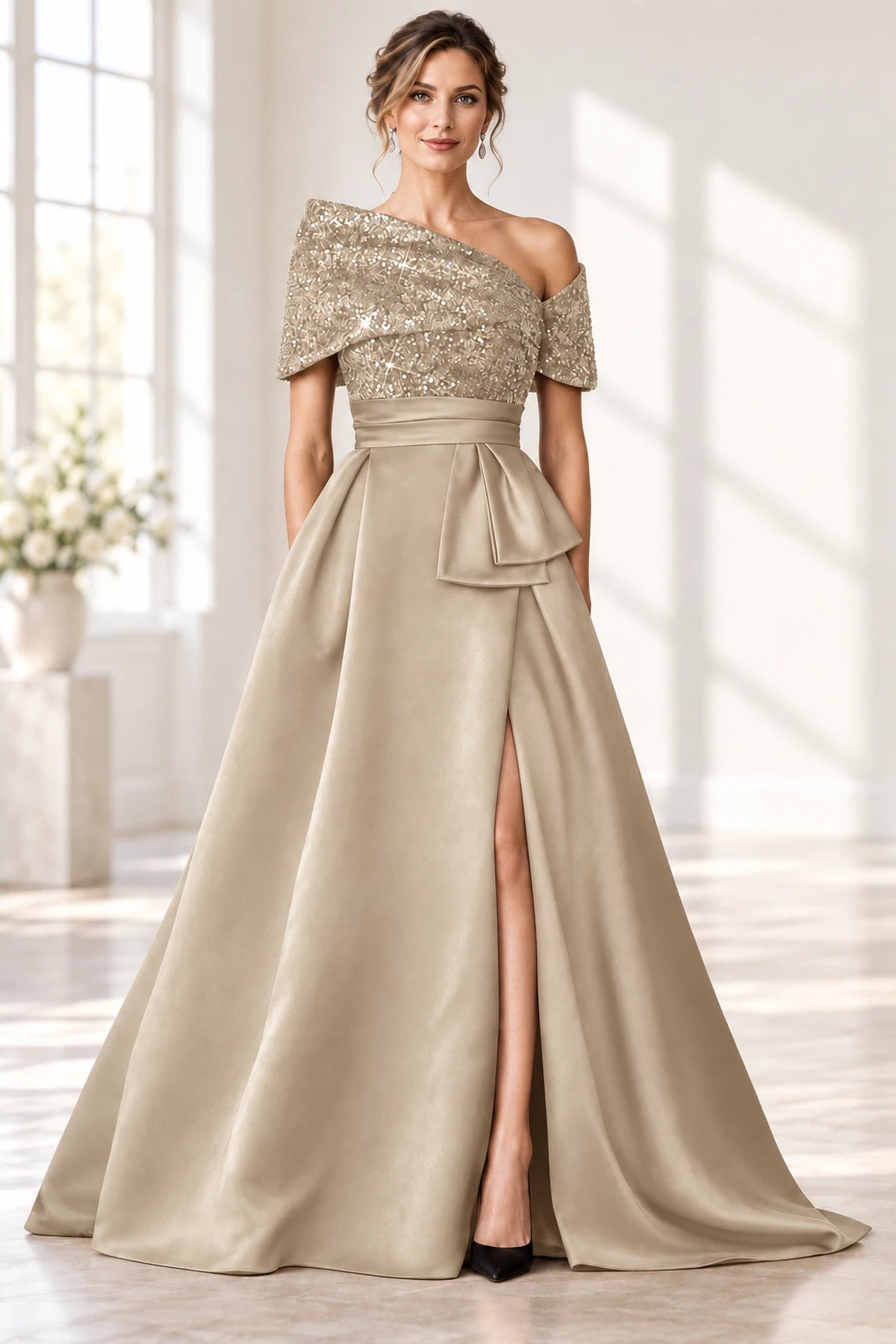 Sophisticated A-Line Off-Shoulder Short Sleeve Zipper Long Mother of the Bride Dress
