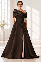 Sophisticated A-Line Off-Shoulder Short Sleeve Zipper Long Mother of the Bride Dress