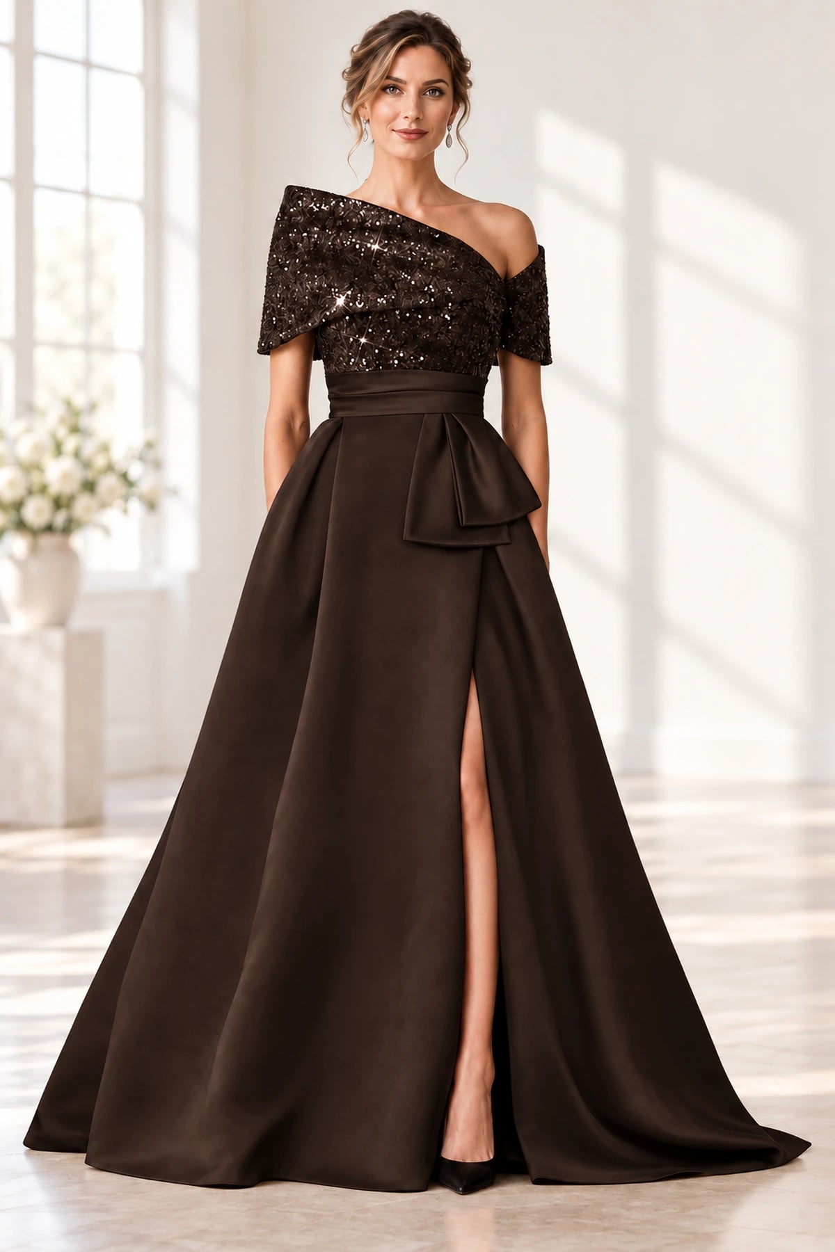 Sophisticated A-Line Off-Shoulder Short Sleeve Zipper Long Mother of the Bride Dress