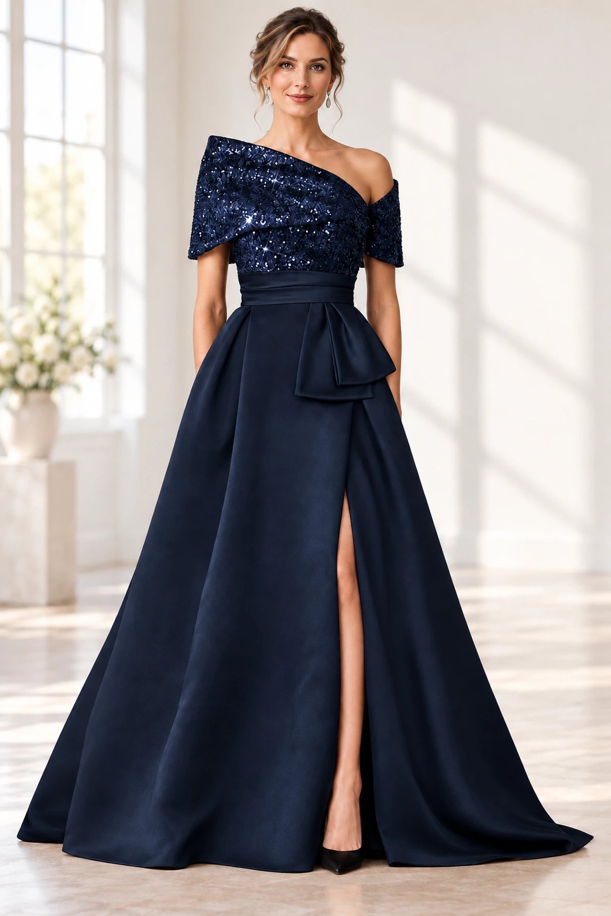 Sophisticated A-Line Off-Shoulder Short Sleeve Zipper Long Mother of the Bride Dress