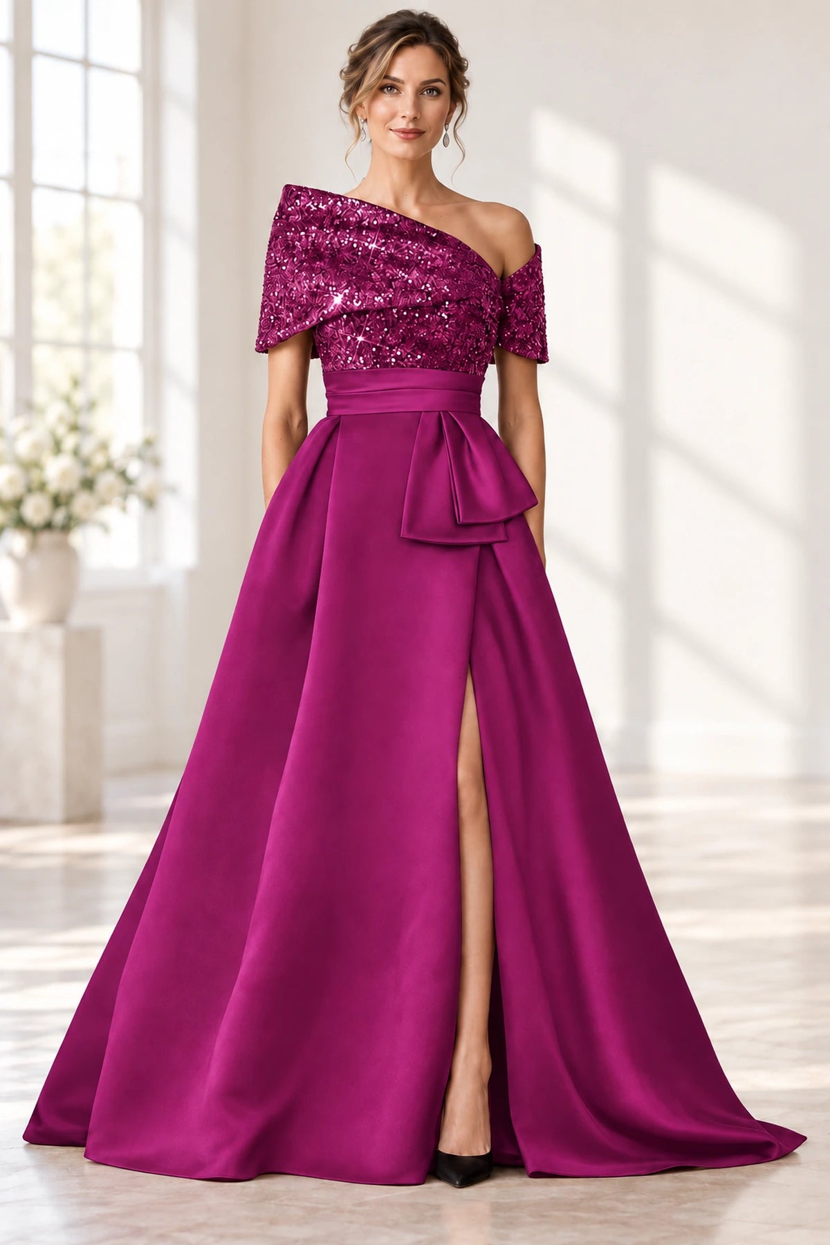 Sophisticated A-Line Off-Shoulder Short Sleeve Zipper Long Mother of the Bride Dress