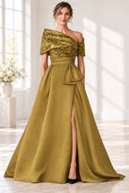 Sophisticated A-Line Off-Shoulder Short Sleeve Zipper Long Mother of the Bride Dress