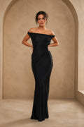 GraceProm black off shoulder evening dress with fitted mermaid silhouette and floor length hem