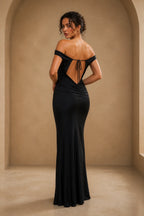 GraceProm black evening dress with open back tie detail and floor length mermaid silhouette