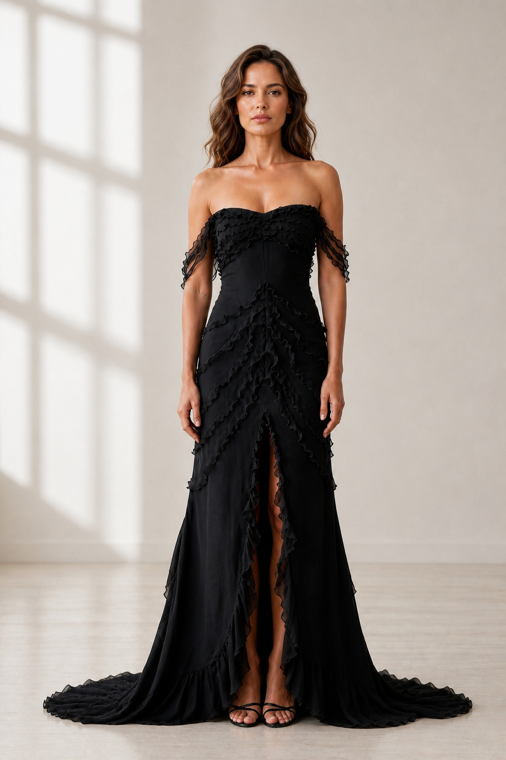 Black off shoulder ruffle long wedding guest dress by GraceProm