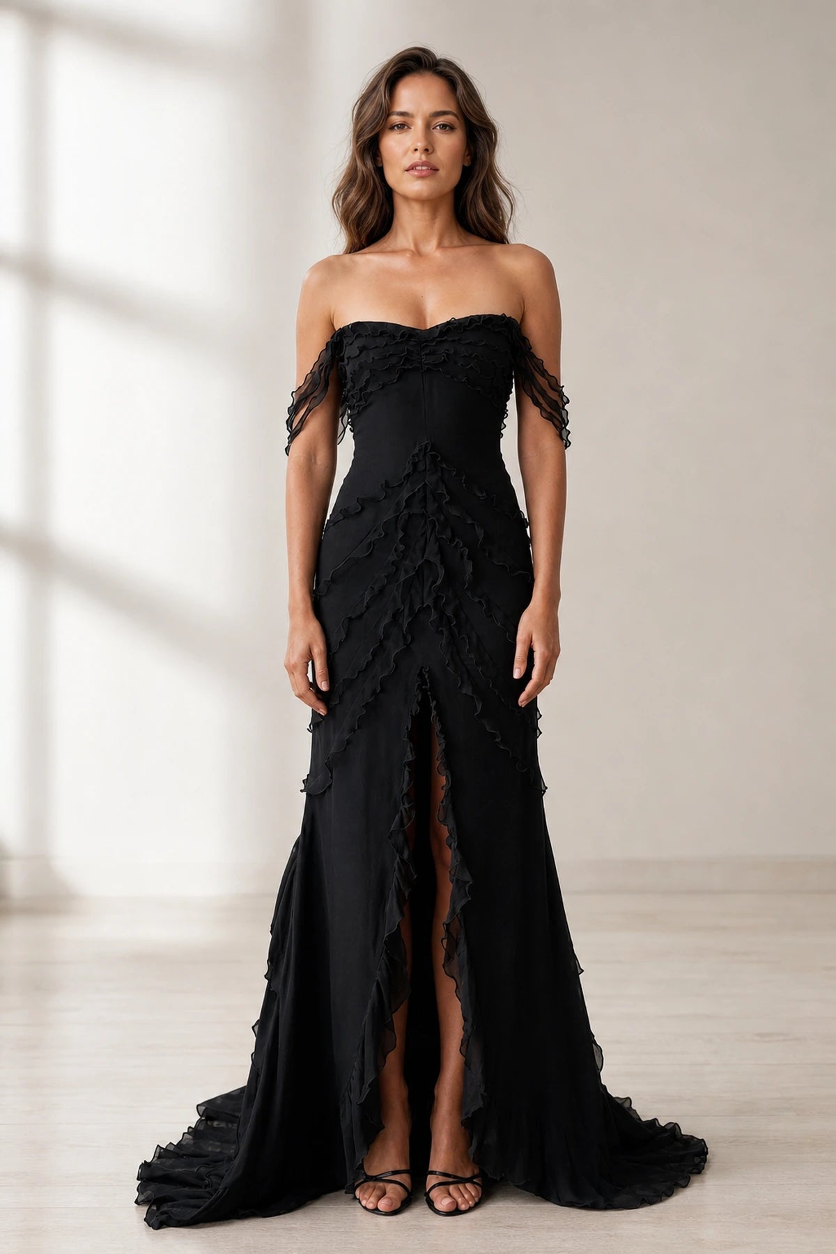 Dramatic A Line Off Shoulder Sleeveless Zip Back Long Wedding Guest Dress
