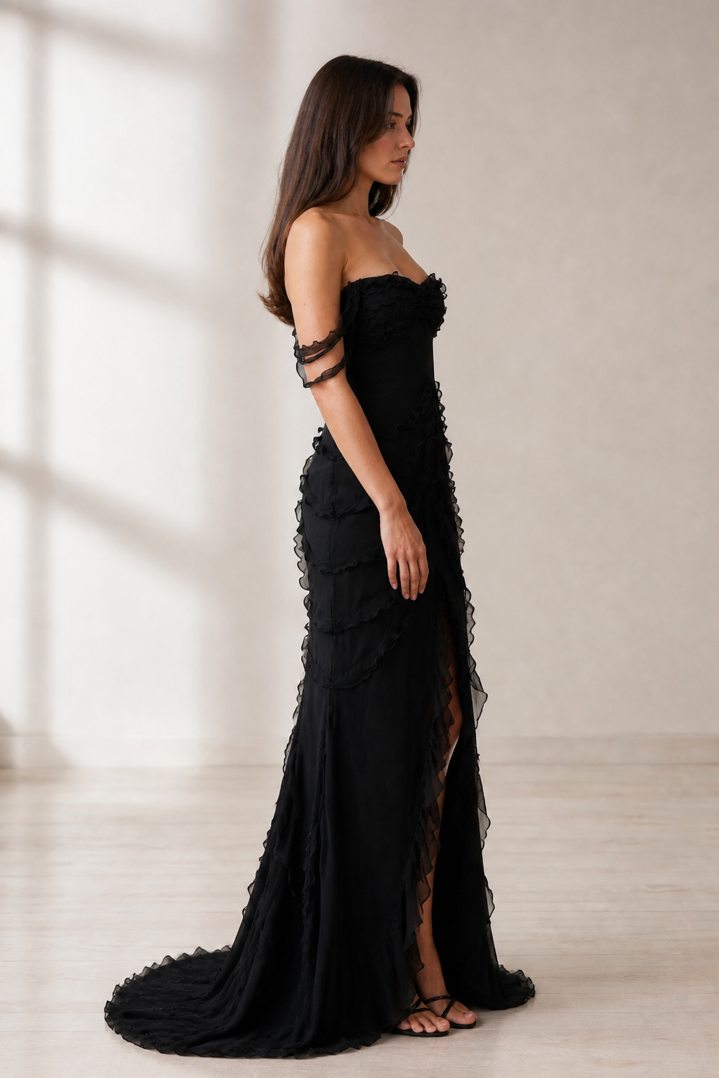 Dramatic A Line Off Shoulder Sleeveless Zip Back Long Wedding Guest Dress