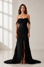 Dramatic A Line Off Shoulder Sleeveless Zip Back Long Wedding Guest Dress