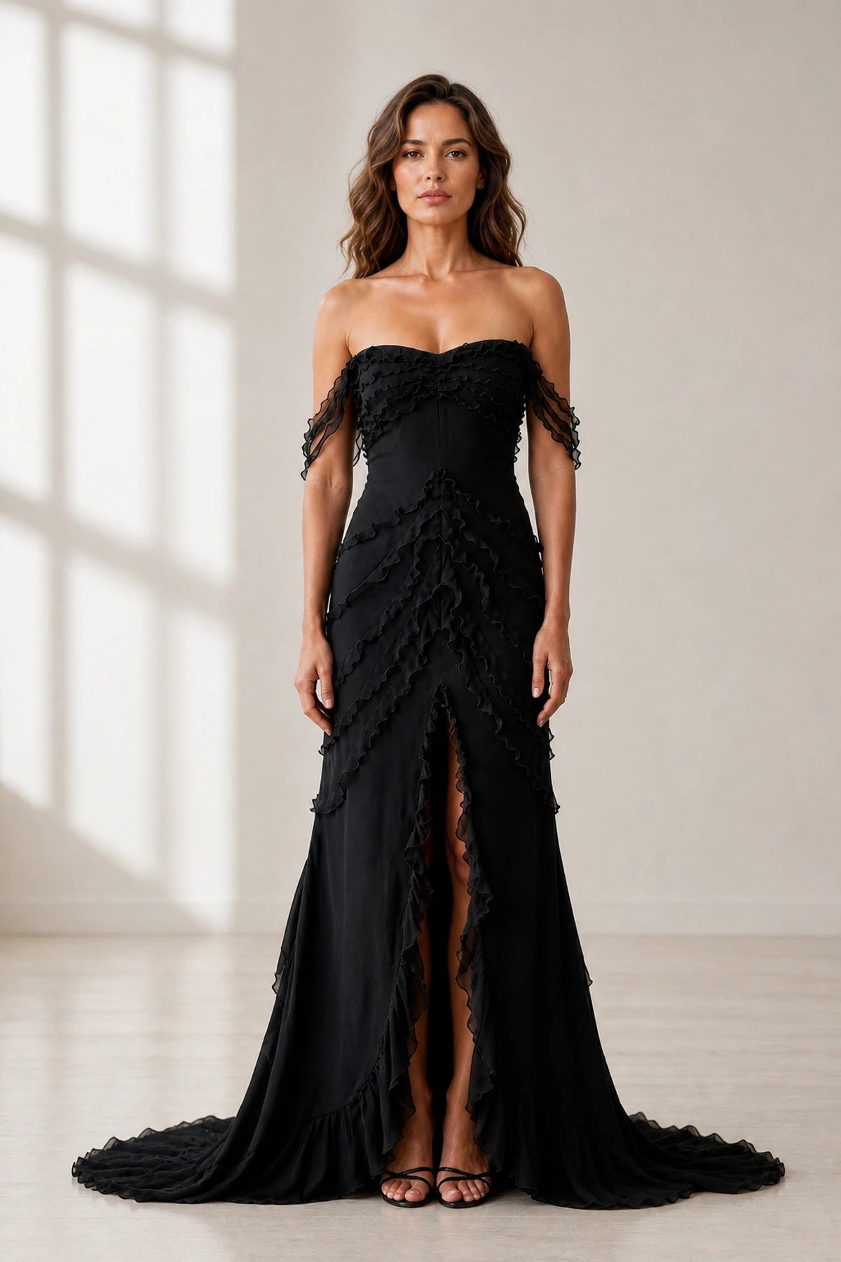Dramatic A Line Off Shoulder Sleeveless Zip Back Long Wedding Guest Dress
