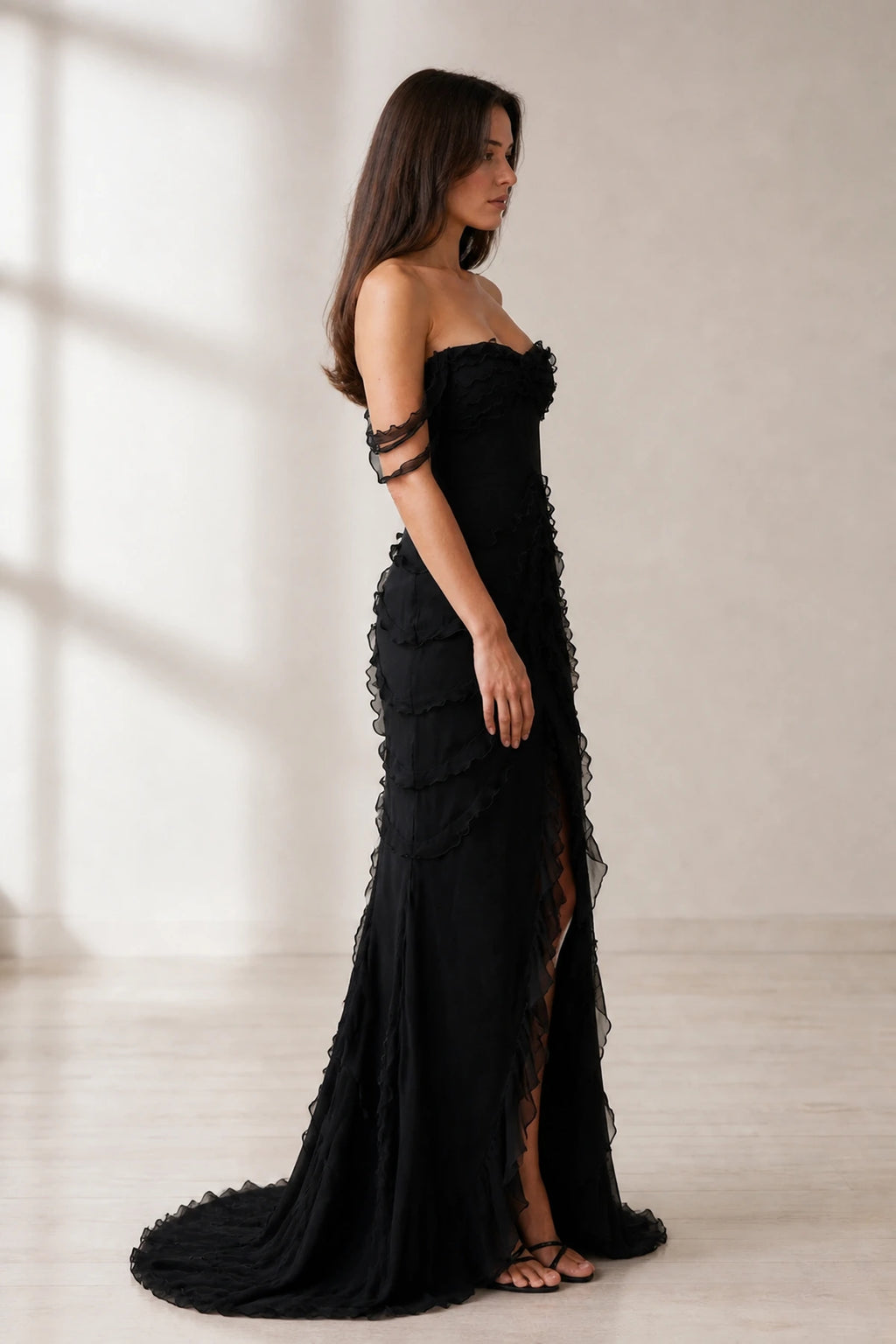 Dramatic A Line Off Shoulder Sleeveless Zip Back Long Wedding Guest Dress