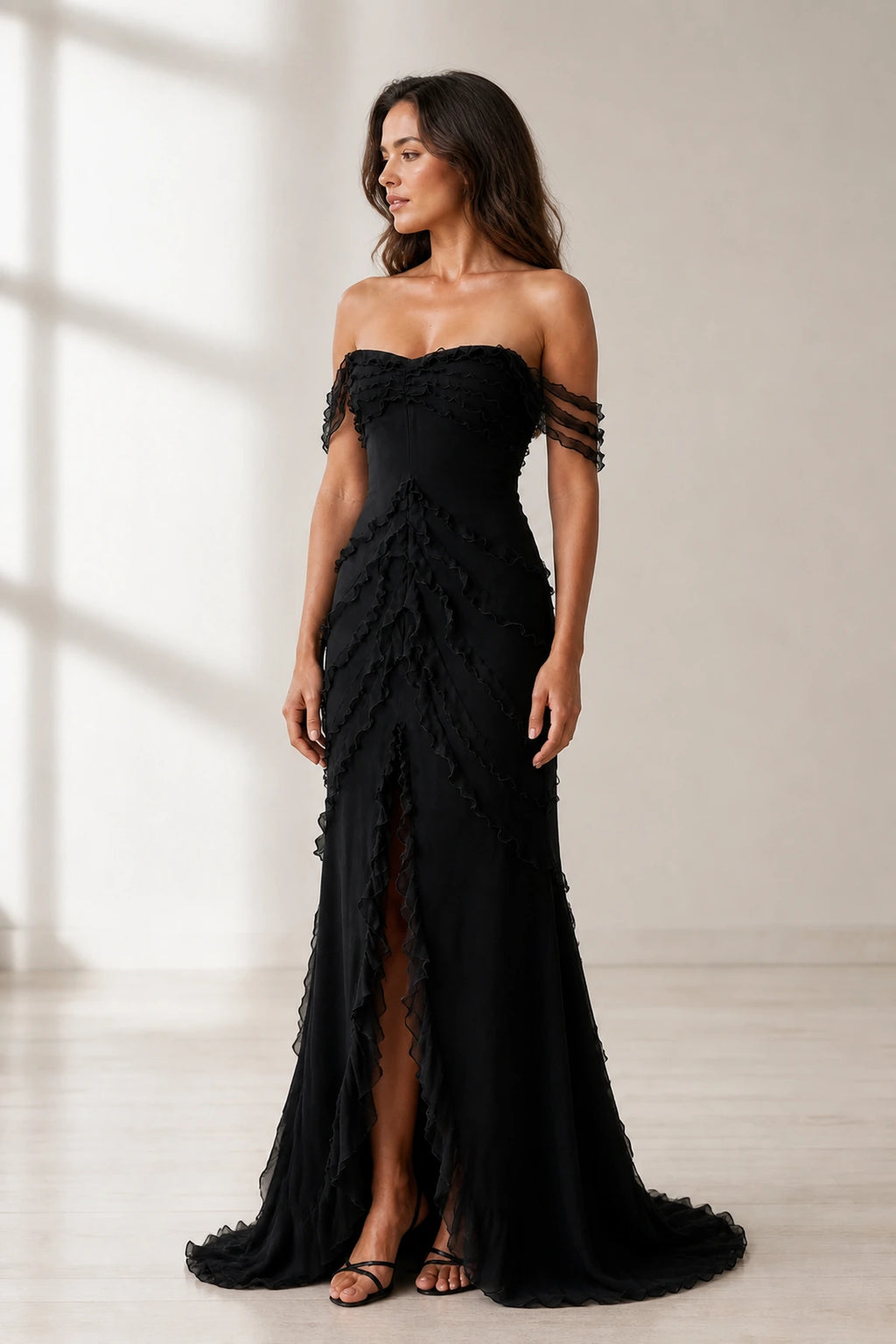 Dramatic A Line Off Shoulder Sleeveless Zip Back Long Wedding Guest Dress