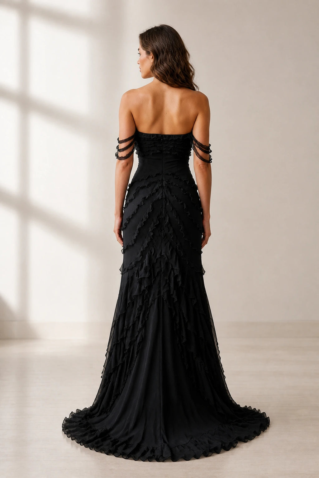 Black wedding guest dress with layered ruffles and zip back by GraceProm