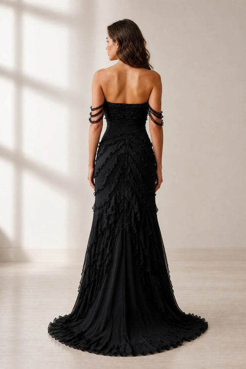 Black wedding guest dress with layered ruffles and zip back by GraceProm
