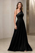 Black one shoulder A-line bridesmaid dress with ruched waist and lace-up back by Vedress