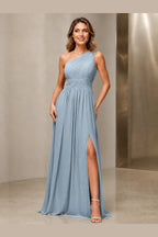 Sleek A-Line One Shoulder Sleeveless Lace-Up Back Long Bridesmaid Dress