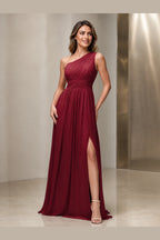Sleek A-Line One Shoulder Sleeveless Lace-Up Back Long Bridesmaid Dress