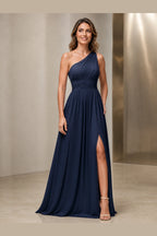 Sleek A-Line One Shoulder Sleeveless Lace-Up Back Long Bridesmaid Dress