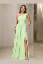 Sleek A-Line One Shoulder Sleeveless Lace-Up Back Long Bridesmaid Dress