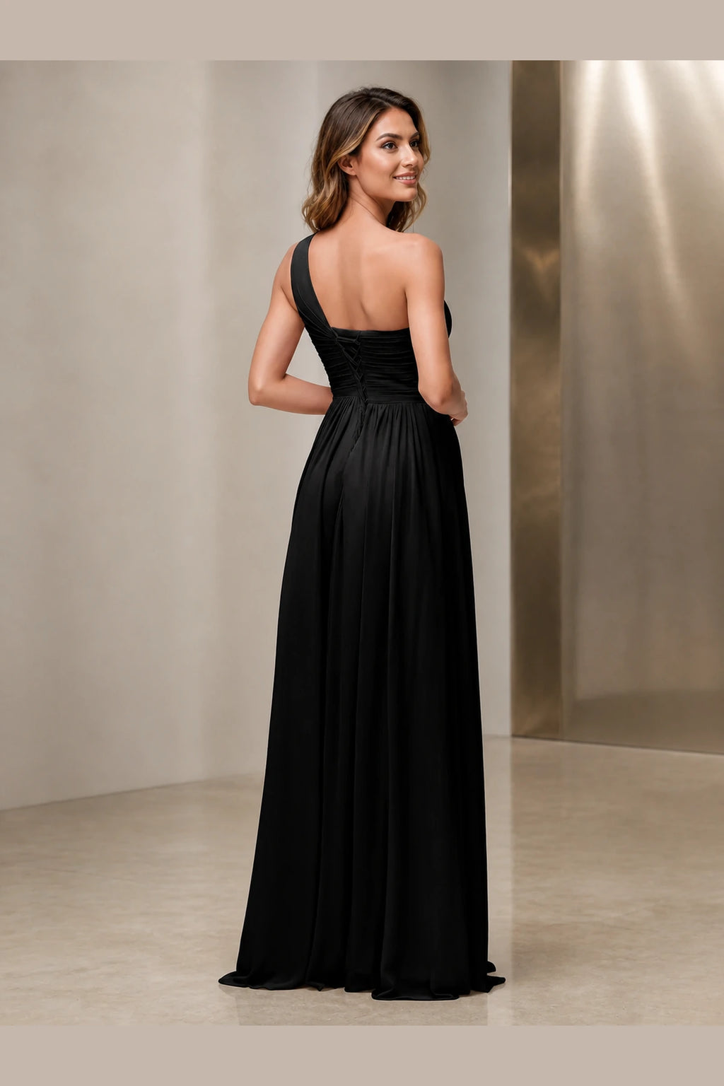 Black one shoulder A-line bridesmaid dress with ruched waist and lace-up back by Vedress