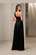 Black one shoulder A-line bridesmaid dress with ruched waist and lace-up back by Vedress