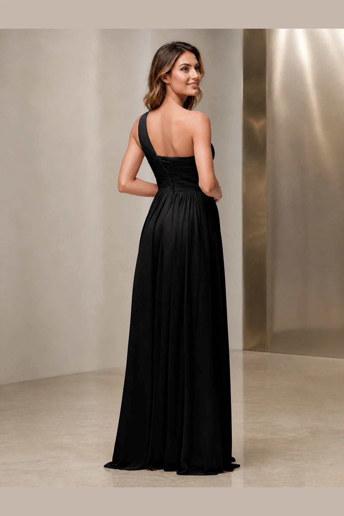 Black one shoulder A-line bridesmaid dress with ruched waist and lace-up back by Vedress
