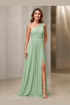 Sleek A-Line One Shoulder Sleeveless Lace-Up Back Long Bridesmaid Dress