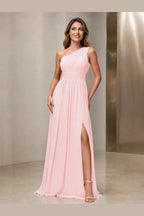 Sleek A-Line One Shoulder Sleeveless Lace-Up Back Long Bridesmaid Dress